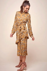Jackson Waist Tie Bell Sleeve Dress Mustard
