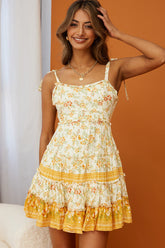 West Coast Frill Trim Tied Shoulders Dress Floral Print Beige Multi