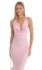 Gathered Back Halter BodyCon Maxi Dress in Pink