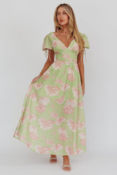Loveberry Puff Sleeve A-Line Maxi Dress Green