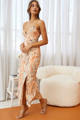 Downtown Cami Strap Front Split Midi Dress Mottle Print Orange