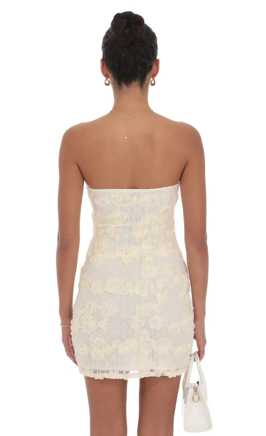 Textured Floral Strapless Dress in Cream