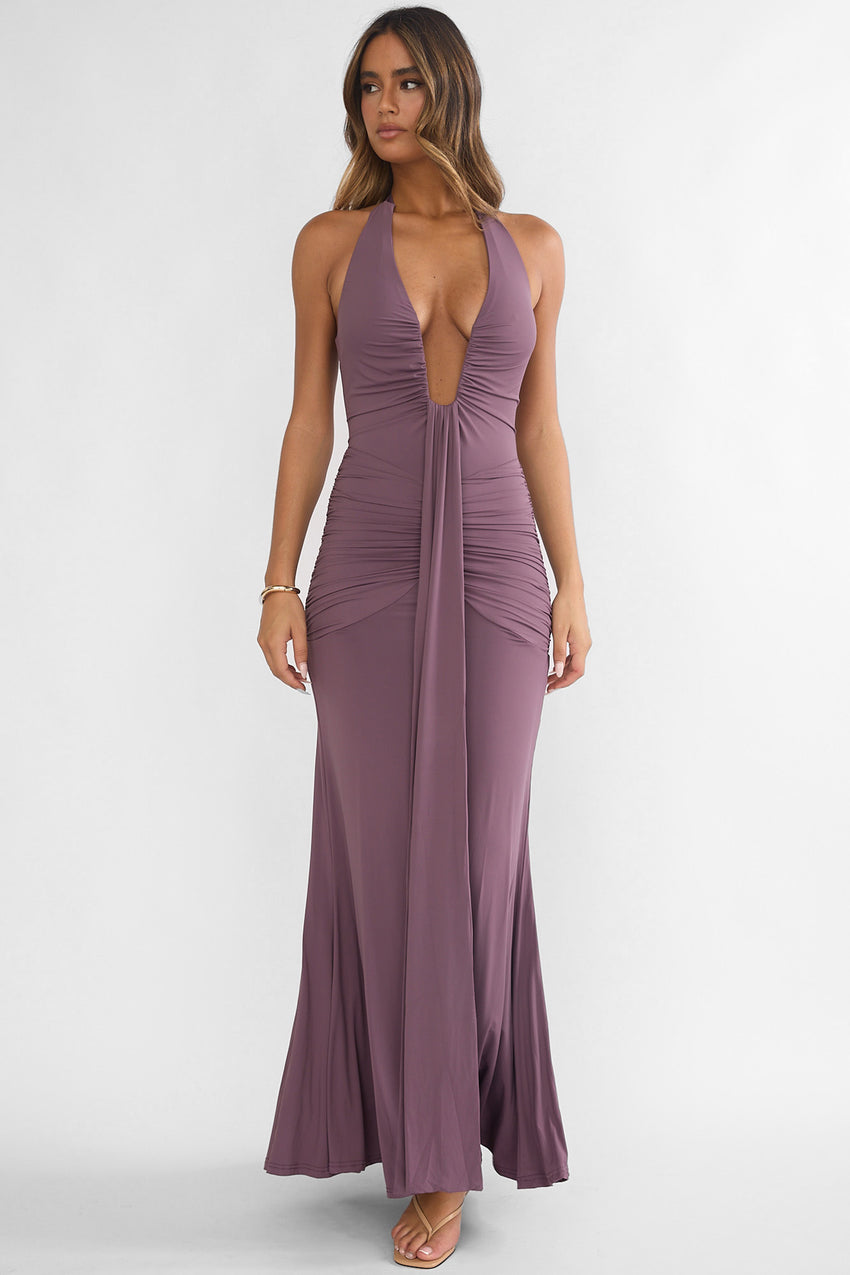 Brienna Halter Ruched Maxi Dress Mauve