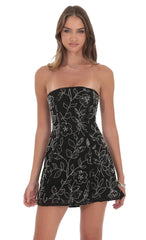 Sequin Beaded Flare Strapless Dress in Black