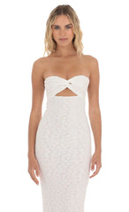 Strapless Textured Floral Twist Maxi Dress in White